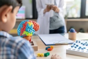 Female psychologist taking notes about an autistic boy sitting in office during therapy session